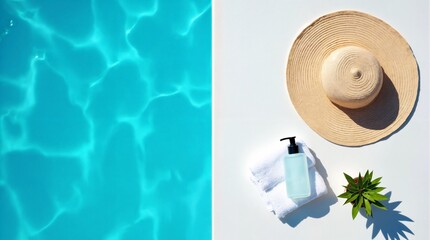 Cool Summer Essentials: A sun hat, towel, sunscreen, and plant beside the refreshing and inviting cool blue water of a pool, capturing the essence of a perfect sunny day. 