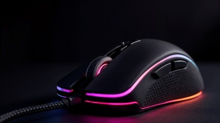 RGB Gaming Mouse: A sleek, black gaming mouse with vibrant RGB lighting illuminates a dark surface. The mouse features programmable buttons and a comfortable ergonomic design.