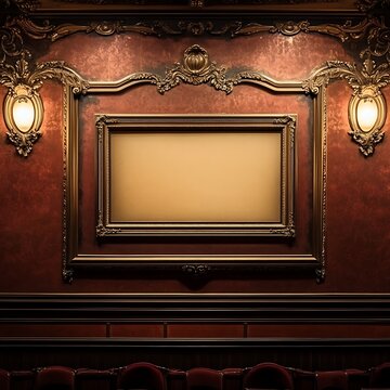 Elegant empty playbill frame on vintage theater wall, nostalgic atmosphere with decorative details .