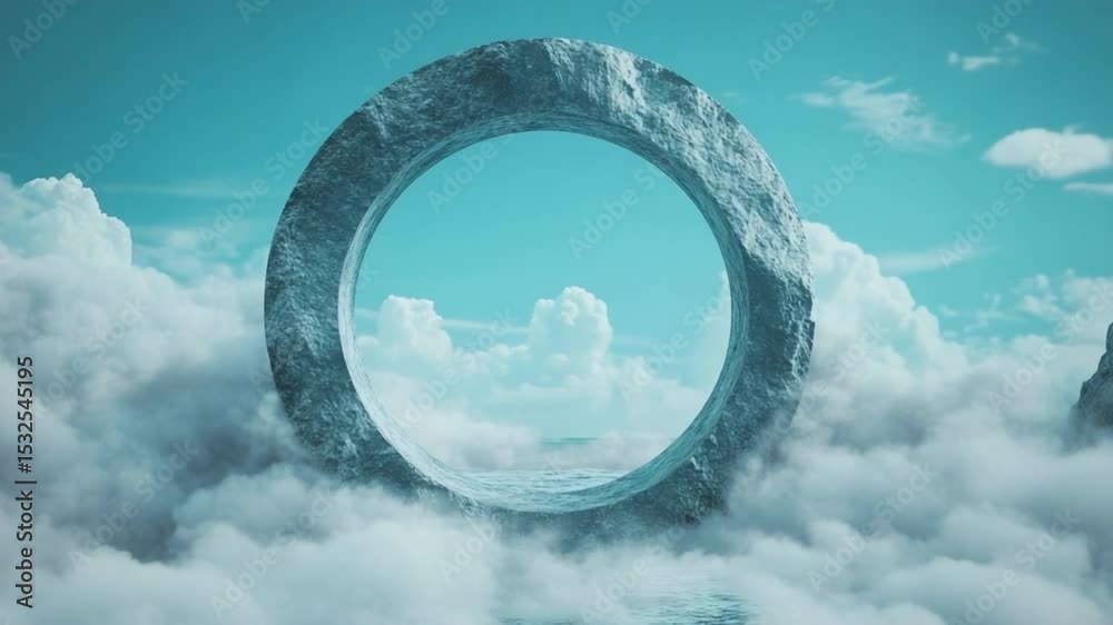 Poster stone portal above the clouds: a mesmerizing celestial scene presents a stone ring floating serenely