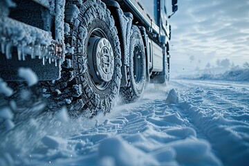 Semi-truck Struggle on Icy Road With Spinning Tires and Flying Snow Generative AI