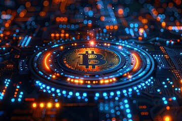Glowing Bitcoin Coin Above a Digital Interface in a Futuristic Financial Hub Generative AI