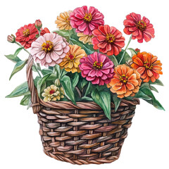 A Zinnia Flower Basket, watercolor illustration vector, isolated on a white background.