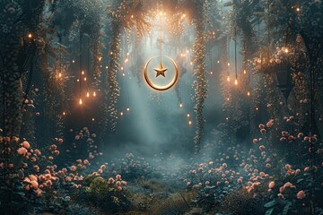Stunning Minimalistic Muslim-themed Design Featuring Gold Crescent and Star Generative AI