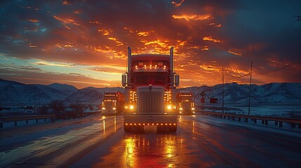 Polished Convoy of Semi-Trucks Approaches Bridge at Sunset on Open Highway Generative AI