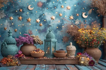 Elegant Handcrafted Clay Bowls and Lanterns With Colorful Flowers for Ramadan Generative AI
