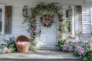 Charming Easter Decorations on a Front Porch With Pastel Accents and Floral Touches Generative AI