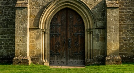 Fototapeta premium Ornate wooden doors in arched stone entryway, sunlight illuminating the scene. Grass is visible at the base