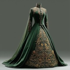 Regal Deep Forest Green Velvet Gown With Intricate Embroidery and Floral Motifs Generative AI