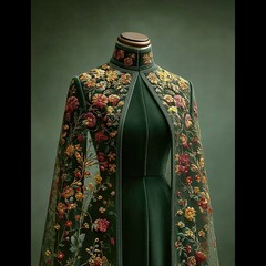 Regal Deep Forest Green Velvet Gown With Intricate Embroidery and Oversized Cape Generative AI