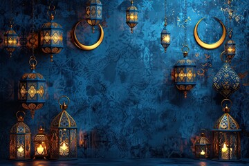Richly Detailed Ramadan Poster Design With Geometric Patterns and Lanterns Generative AI