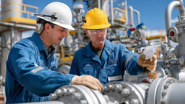 Engineers Inspecting Industrial Equipment: Capturing the essence of expertise and collaboration, two engineers in protective gear meticulously examine industrial equipment.