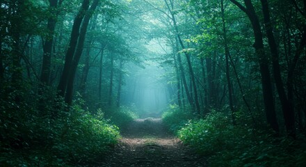 Obraz premium Misty forest path leads into an ethereal light