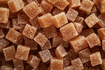Array of brown sugar cubes close-up under warm light. Neural network AI generated