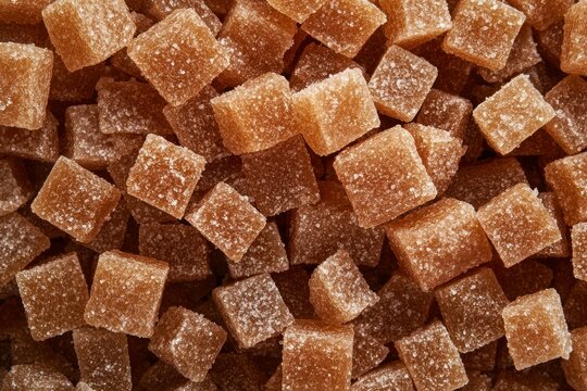 Array of brown sugar cubes close-up under warm light. Neural network AI generated