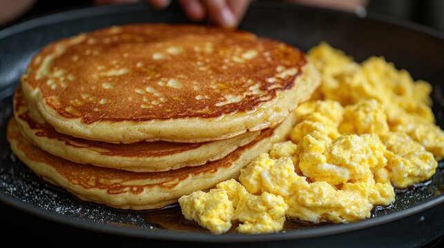 Stacked pancakes with scrambled eggs