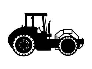 Obraz premium A black silhouette of a road roller, facing left, with its large front drum and rear wheels clearly outlined in a minimalist, white-background style.