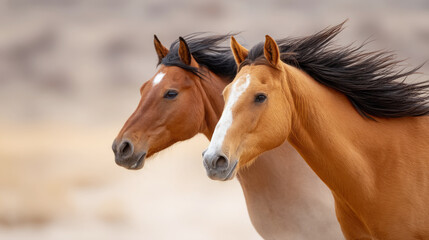 Obraz premium Dynamic scene of two horses racing neck and neck with windswept manes