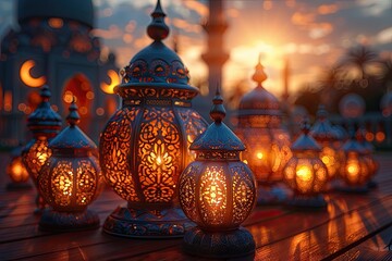 Ornate Carved Ramadan Lanterns Casting Intricate Light Patterns at Sunset Generative AI