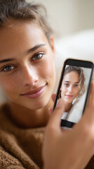 Connection and emotion: hand touching screen with loved one's portrait, depicting human connection and technology
