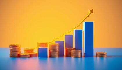 Ascending blue bars graph with gold coins rising,  business,  graph