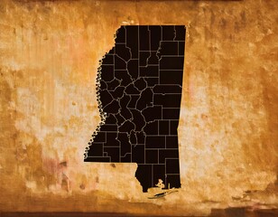 silhouette of the state of Mississippi against a textured, aged background. The state shape is filled in black, providing a stark contrast.