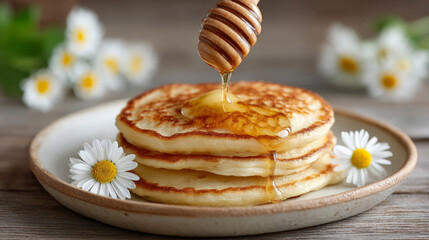 Delicious golden pancakes with honey drizzle and fresh daisies for a spring breakfast theme