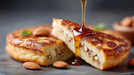 Delicious korean hoddeok sweet pancake with nuts and drizzled syrup