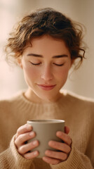 Cozy moment of a colleague gently blowing on hot coffee in a relaxed setting