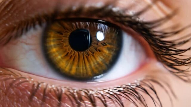 Close up of human eye detailing iris pattern and eyelashes