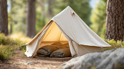 Cozy outdoor tent in forest camp with sleeping bags amidst nature