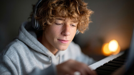 Teen in hoodie improvising music at keyboard wearing headphones for creative expression