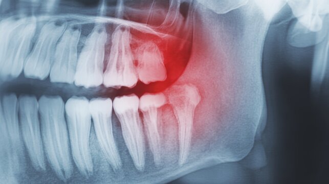 Dental X-ray showing lower right impacted wisdom tooth with severe decay, exposed nerve and swelling, highlighting dental pain, infection, inflammation and need for oral surgery treatment