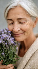 Elderly woman enjoying the fragrance of fresh purple flowers in a peaceful moment