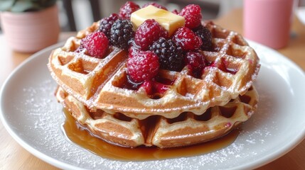 Stacked waffles topped with berries, butter, and syrup