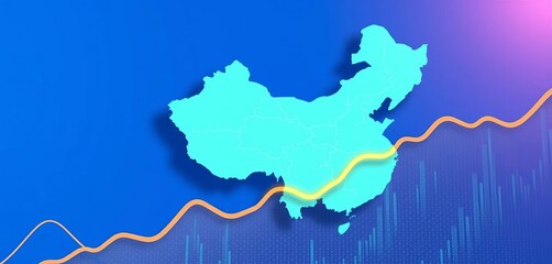 China map overlaid on upward trending business growth chart, blue background,  progress,  increase