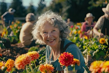 Joyful Senior Woman Gardening With Friends in a Community Space on a Bright Morning Generative AI