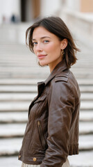 Fototapeta premium Stylish woman in oversized brown leather jacket on elegant staircase