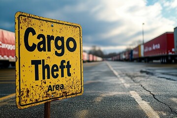 Caution Sign Warning of Cargo Theft Area Near Truck Stop Parking Lot Generative AI