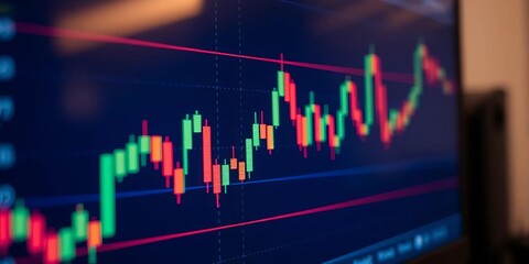 Close-up of candlestick chart displaying bullish trend on computer screen, patterns, low