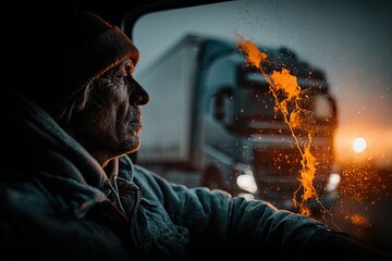 Truck Driver Stretches at Dawn and Navigates Route With GPS Technology Generative AI