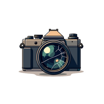 Illustration of a Vintage Camera with a Cracked Lens, Representing Damage and Technological Obsolescence
