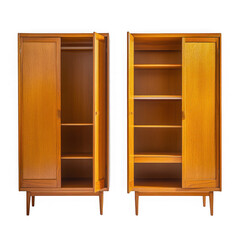 Two wooden wardrobes with doors open on transparent background