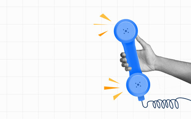 Halftone Collage, hand holding vintage telephone receiver on the right and wide white space, communication