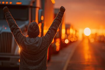 Truck Driver Stretches at Sunrise Beside Dry Van Trailer in Quiet Rest Area Generative AI