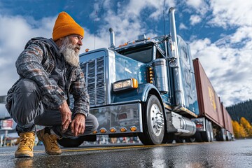 Truck Driver Stretches at Highway Rest Area Beside Semi-Truck Under Blue Sky Generative AI
