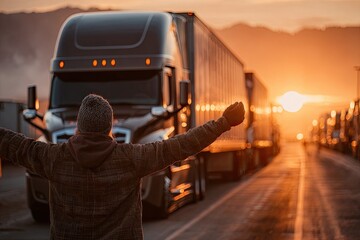 Truck Driver Stretches in Morning Light Beside a Freightliner at Rest Area Generative AI