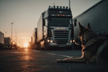 Truck Driver and Dog Enjoy Morning Stretch at Highway Rest Area Generative AI