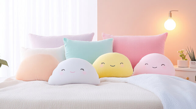 Colorful squishmallow collection on cozy bed with soft pastel pillows for home decor