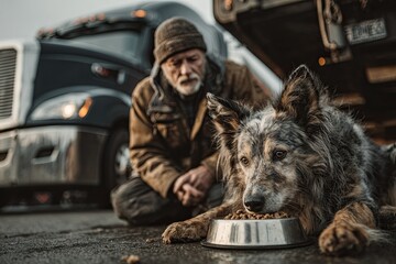 Trucker Feeding His Dog Beside the Cab in Calm Midday Light Generative AI
